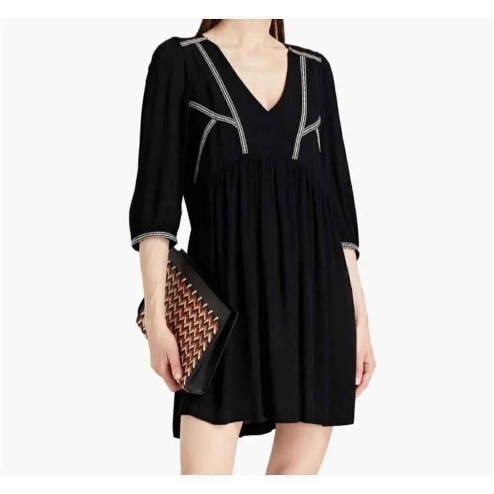 ba&sh Alma Embroidered black Mini Swing Dress sz Medium